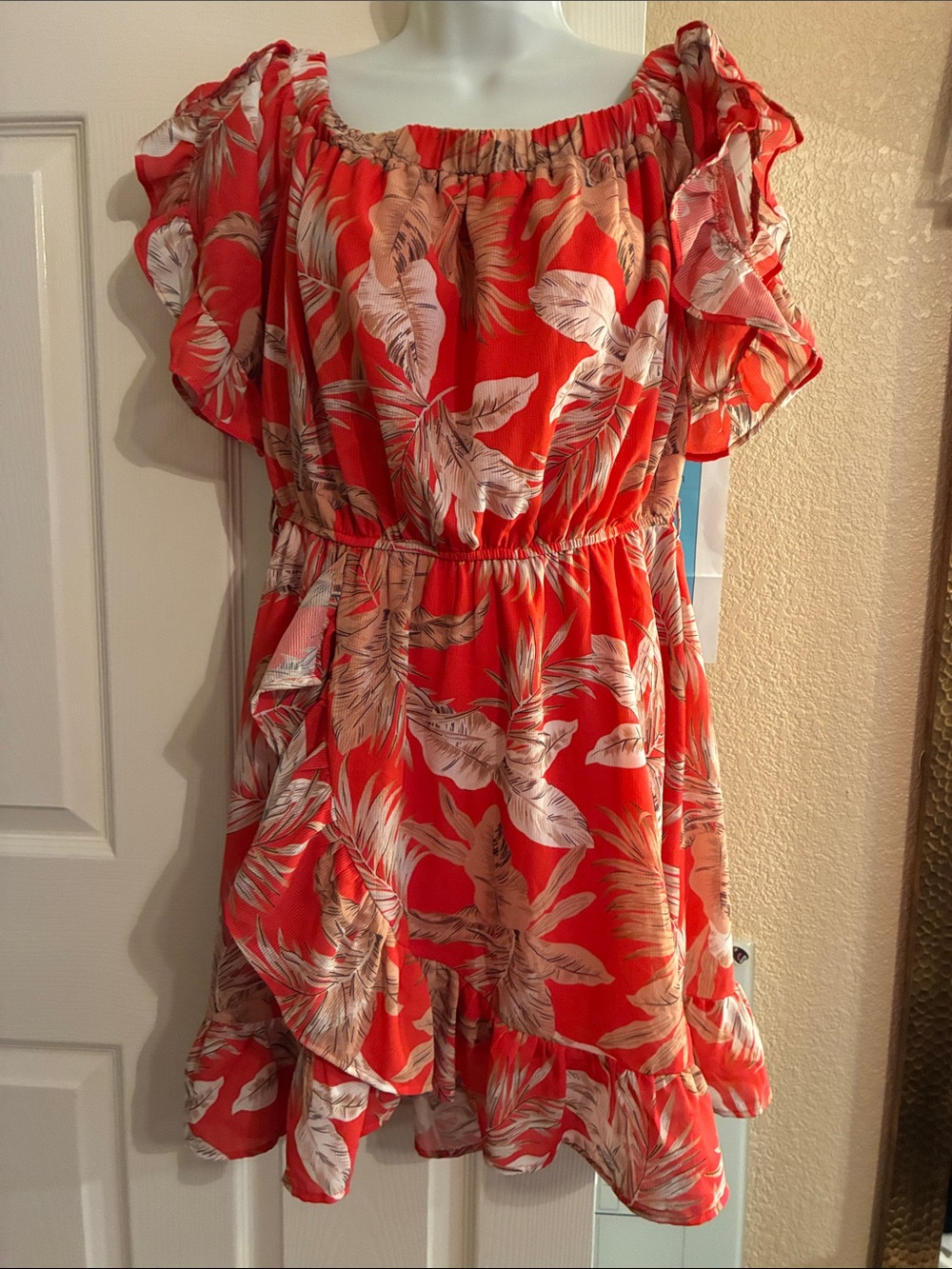 Papaya Red Tropical Off-Shoulder Ruffle Dress